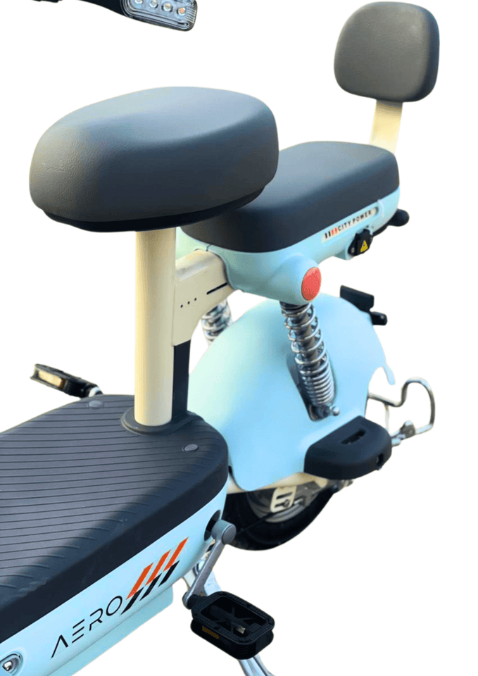 Aero Yoummy Electric Scooter With Pedals – Graphene Battery, Dual Seat, Baby Blue