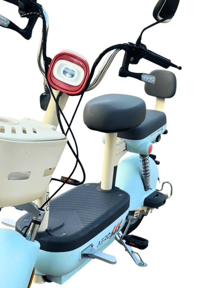 Aero Yoummy Electric Scooter With Pedals – Graphene Battery, Dual Seat, Baby Blue