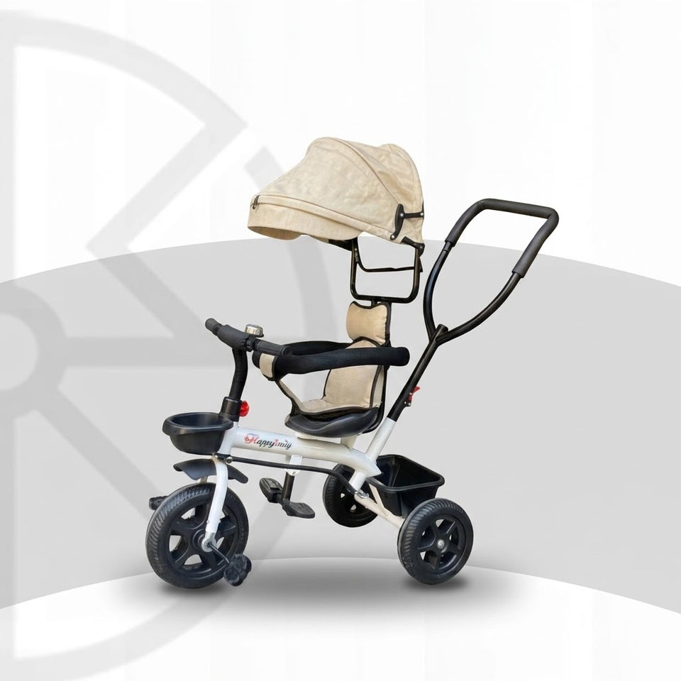 Kids Tricycle with Push Handle, Canopy & Storage (Cream)
