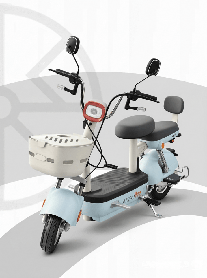 Aero Yoummy Electric Scooter With Pedals – Graphene Battery, Dual Seat, Baby Blue